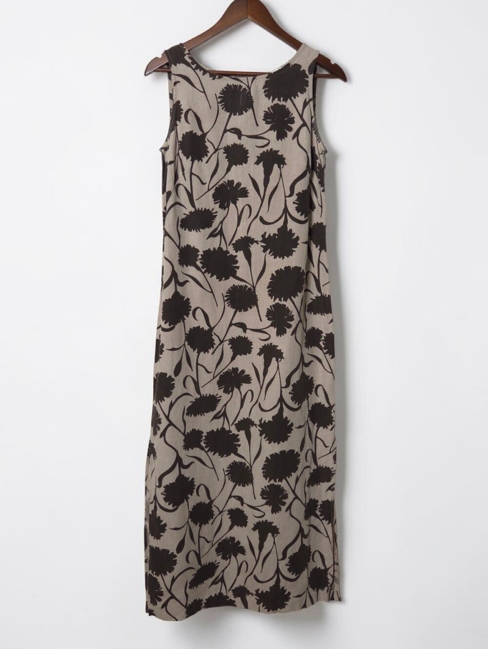 Casual Corner Maxi Sheath Dress 6 Brown Vintage Linen Floral Side Slits Womens